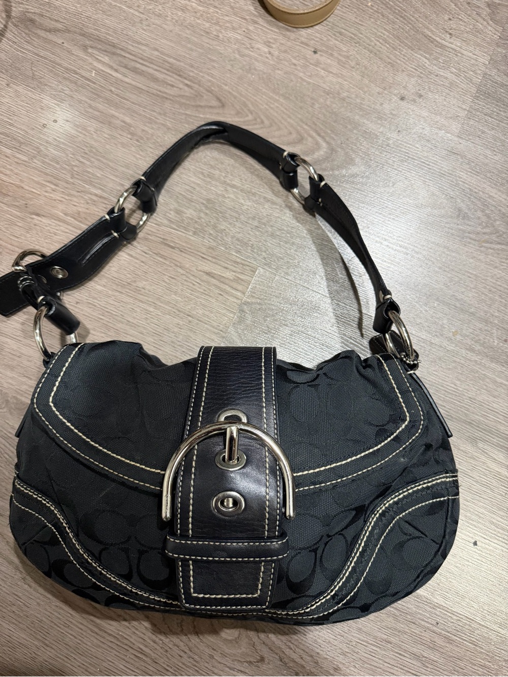 Coach Black Signature Canvas Shoulder Bag with Contrast Stitching